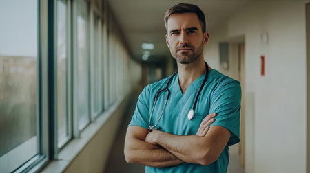A male doctor standing in a hospital with his arms crossed, his stethoscope hanging around his neck, exuding confidence and professionalism, with space for textの素材