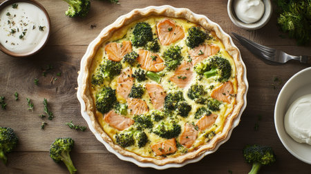 A mouthwatering quiche filled with salmon and broccoli, seen from above, showcasing the delicious combination of flavors in a savory tart.の素材