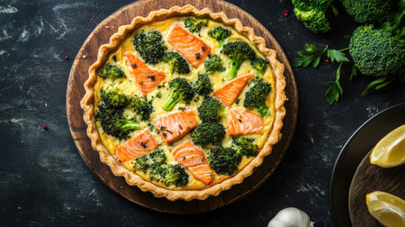 A mouthwatering quiche filled with salmon and broccoli, seen from above, showcasing the delicious combination of flavors in a savory tart.の素材