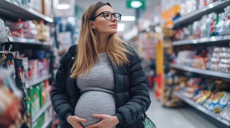 A pregnant woman, dressed in trendy maternity clothes and fashionable glasses, browsing the aisles of a department store, showcasing the style and sophistication of modern maternity fashion. -の素材