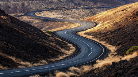A winding road cuts through the dramatic terrain of Lanzarote Natural Park, symbolizing the thrill of unexplored journeys and the promise of adventure.の素材