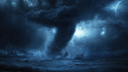 A violent tornado rips through the night, with thunderstorms illuminating the stormy sea, capturing the raw power and danger of nature.の素材