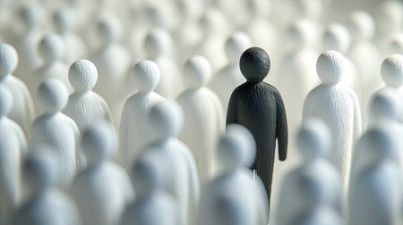 Abstract representation of a single black figure contrasting sharply with a crowd of white figures, symbolizing distinctiveness and uniqueness.の素材