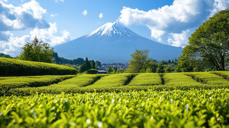 A serene tea tree garden with neatly lined tea shoots, stretching towards the majestic view of Mount Fuji in the background, capturing the harmony between nature and agriculture.の素材