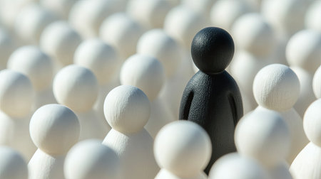 Abstract representation of a single black figure contrasting sharply with a crowd of white figures, symbolizing distinctiveness and uniqueness.の素材