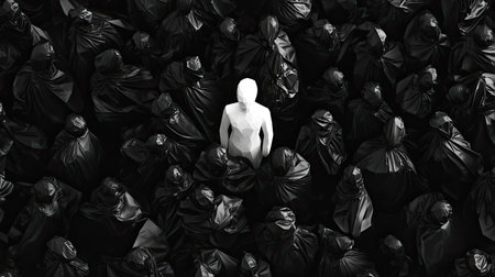 Abstract concept featuring one white figure amidst a sea of black figures, symbolizing uniqueness and standing out from the crowd.の素材