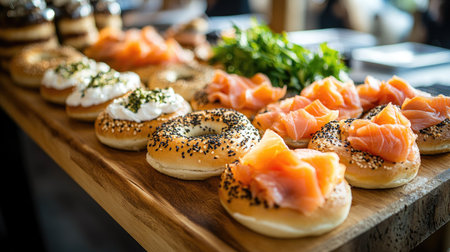 Appetizing assortment of bagels with creamy cheese and smoked lox, showcasing a delicious and savory breakfast platter that is both gourmet and inviting.の素材