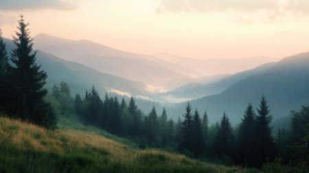 A tranquil view of the hazy Carpathian mountains, capturing the soft beauty and peaceful atmosphere of this natural landscape.の素材