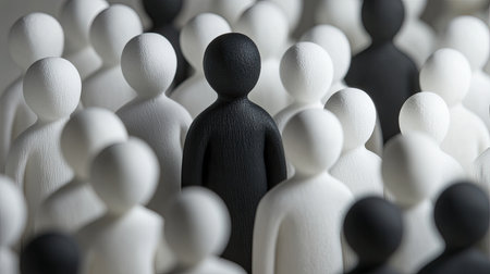 Abstract representation of a single black figure contrasting sharply with a crowd of white figures, symbolizing distinctiveness and uniqueness.の素材