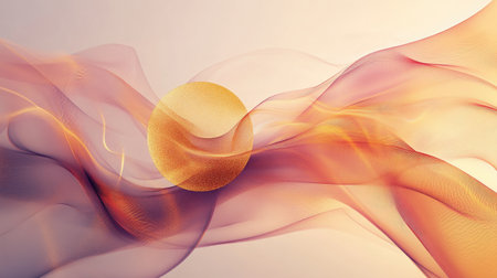 Abstract geometric wallpaper with a central golden round shape and flowing smoke, blending simplicity with a sense of movement and elegance.の素材