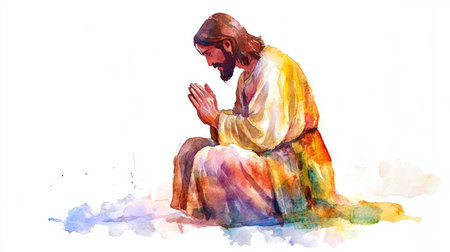 Watercolor illustration of Jesus kneeling and praying, isolated on a white background, capturing a moment of devotion.の素材