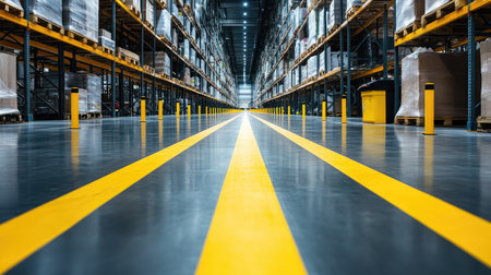 Warehouse aisle featuring yellow striped floor markings and safety bollards, promoting safe navigation.の素材