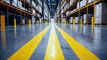 Warehouse aisle featuring yellow striped floor markings and safety bollards, promoting safe navigation.の素材
