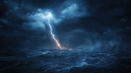 A violent tornado rips through the night, with thunderstorms illuminating the stormy sea, capturing the raw power and danger of nature.の素材