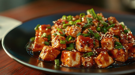 A plate of spicy tofu topped with sesame seeds and scallions, with ample space for advertising, highlighting the vibrant flavors and textures.の素材