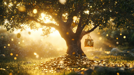 Morning sunlight illuminates a tree with gold coins and money bags, symbolizing growth and investment.の素材