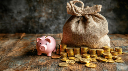 Money bag, pink piggy bank, and gold coins, capturing the concept of saving and investment.の素材