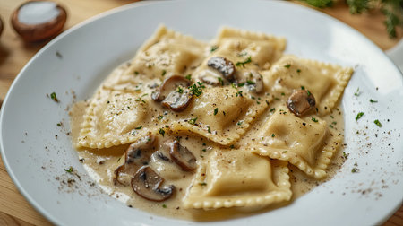 A cozy winter plate of Italian ravioli with mushroom creamy sauce, sprinkled with herbs and ground pepper, highlighting the comfort and richness of seasonal cuisine.の素材
