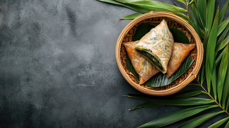 A serving of Zongzi for the Dragon Boat Festival, with bamboo leaves and copy space, ideal for food and cultural celebrations.の素材