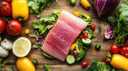 Raw fish meat surrounded by a colorful mix of salad and vegetables, presented on a natural wooden surface.の素材