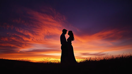 A silhouette of a couple in love, standing close together during a breathtaking sunset, capturing a moment of romance against the fading lightの素材