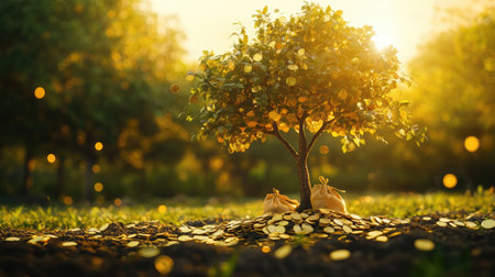 Tree with gold coins and money bags in a park, symbolizing the idea of saving and investing for the future.の素材