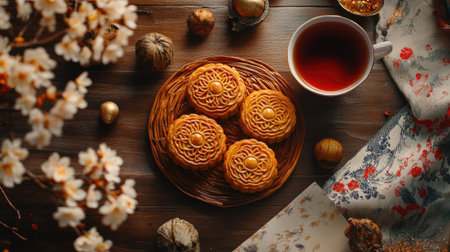 A beautiful display of mooncakes with tea, set against a festive background, embodying the spirit of the Mid-Autumn Festival celebration.の素材