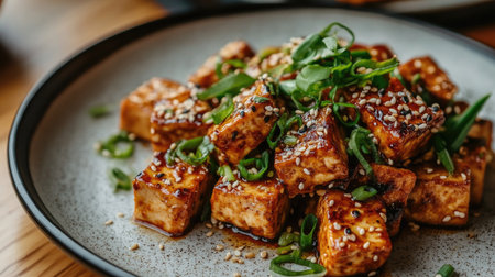 A plate of spicy tofu topped with sesame seeds and scallions, with ample space for advertising, highlighting the vibrant flavors and textures.の素材