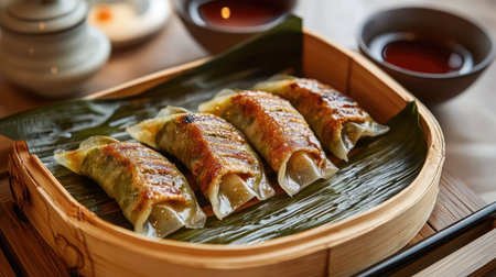 Gyoza wrapped in bamboo leaves, served with tea, creating an authentic Chinese dining experience, perfect for food-related promotions.の素材