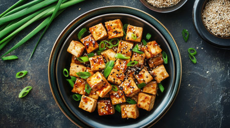 A savory plate of spicy tofu with sesame seeds and scallions, featuring a clean layout with advertising space, perfect for culinary branding.の素材