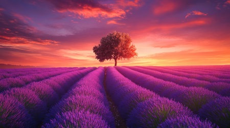 Endless lavender fields under a warm summer sunset, featuring a solitary tree, creating a serene and captivating landscape that blends beauty with tranquility.の素材
