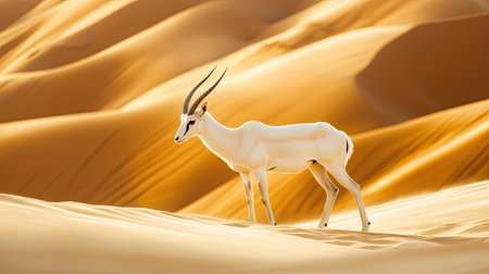A Curved horned antelope Addax (Addax nasomaculatus) gracefully stands against the desert backdrop of the Sahara. Now thriving in a nature reserve near Eilat, Israel.の素材