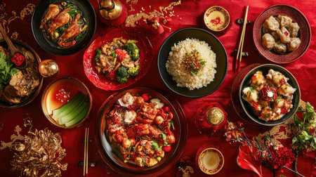 Festive red table setting with a variety of Chinese dishes, capturing the spirit of the Lunar New Year, perfect for a restaurant menu or cultural celebration.の素材