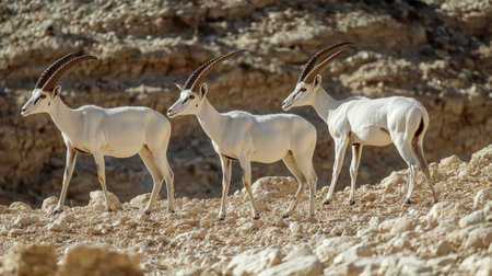 Addax antelope with striking curved horns, adapted to the harsh environment of the Sahara desert, now roaming freely in a protected reserve near Eilat, Israel.の素材