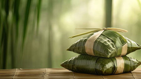 Traditional Zongzi wrapped in bamboo leaves, presented with ample copy space, ideal for celebrating the Dragon Boat Festival.の素材