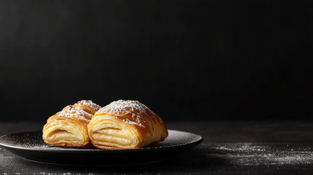 Elegant sfogliatella pastry served on a modern plate, set against a dark black background, with ample space for advertising or text placement.の素材