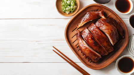Authentic Beijing Peking duck served with Chinese utensils, on a wooden table, set against a white background with copy space, ideal for food marketing.の素材