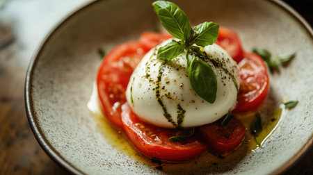 A beautifully plated Caprese salad with fresh mozzarella, tomatoes, and basil, showcasing the essence of Italian culinary tradition in a simple, yet elegant dish.の素材