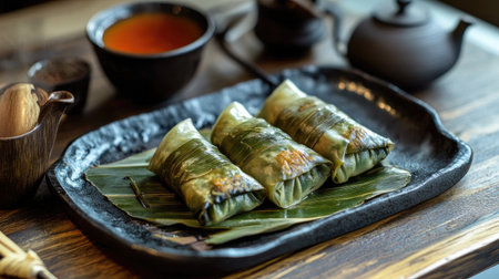 Authentic Chinese gyoza wrapped in bamboo leaves, presented with tea for a traditional dining experience, perfect for cultural and culinary promotions.の素材
