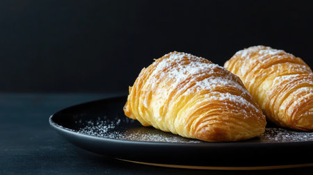 Golden sfogliatella placed on a contemporary plate with a black background, offering an elegant and striking visual with space for ad content.の素材