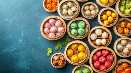 A vibrant spread of colorful dim sum in bamboo steamers, showcasing the variety of Chinese cuisine, with copy space for food-related promotions.の素材