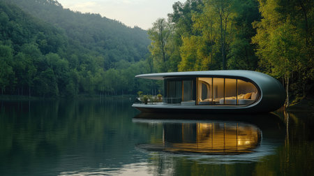 A futuristic eco cabin boat floating serenely on a lake, surrounded by lush greenery, offering a sustainable and luxurious retreat in pure nature.の素材