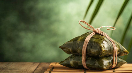 Traditional Zongzi wrapped in bamboo leaves, presented with ample copy space, ideal for celebrating the Dragon Boat Festival.の素材