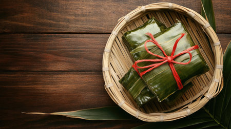 Traditional Zongzi wrapped in bamboo leaves, presented with ample copy space, ideal for celebrating the Dragon Boat Festival.の素材