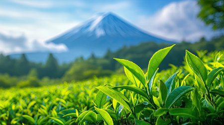 Vibrant green tea leaves in the foreground, with the towering Mount Fuji as a backdrop, creating a peaceful and idyllic sceneの素材