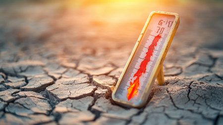 High temperatures on a thermometer with a dry, cracked ground in the background, illustrating the effects of global warming and intense heat.の素材