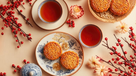 Traditional mooncakes presented on a table with tea, surrounded by festive decorations for the Mid-Autumn Festival, capturing the essence of celebration.の素材