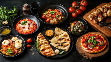 Various Italian dishes presented on a dark background, perfect for highlighting the rich flavors and vibrant colors with space for promotional text.の素材