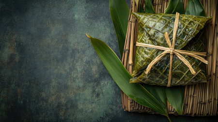 Zongzi, a traditional Dragon Boat Festival delicacy, wrapped in bamboo leaves with space for copy, highlighting the festive food tradition.の素材