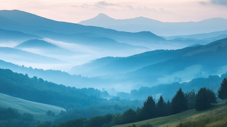 A tranquil view of the Carpathian mountains covered in a soft haze, capturing the peaceful and serene beauty of this natural landscape.の素材